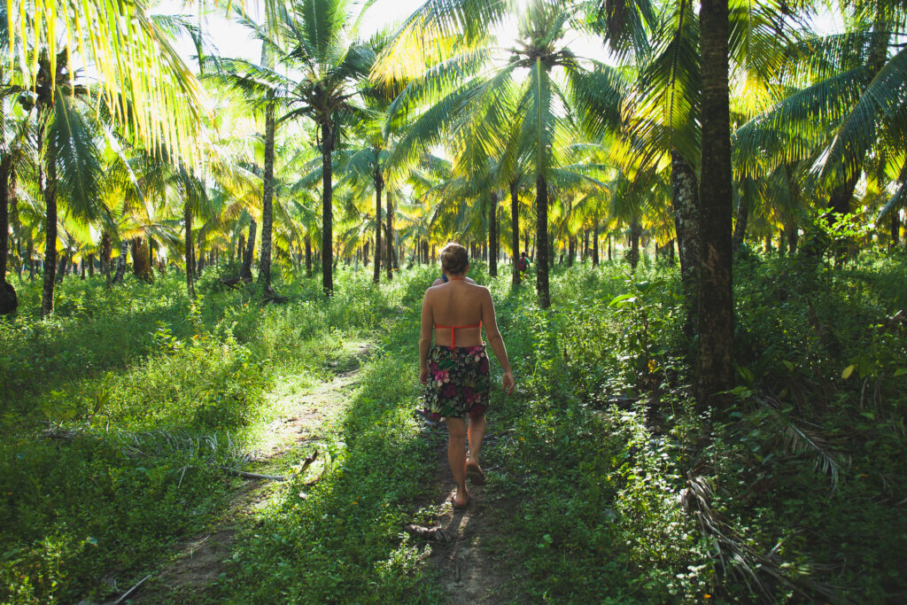 mujer caminando de espaldas en medio de palmeras